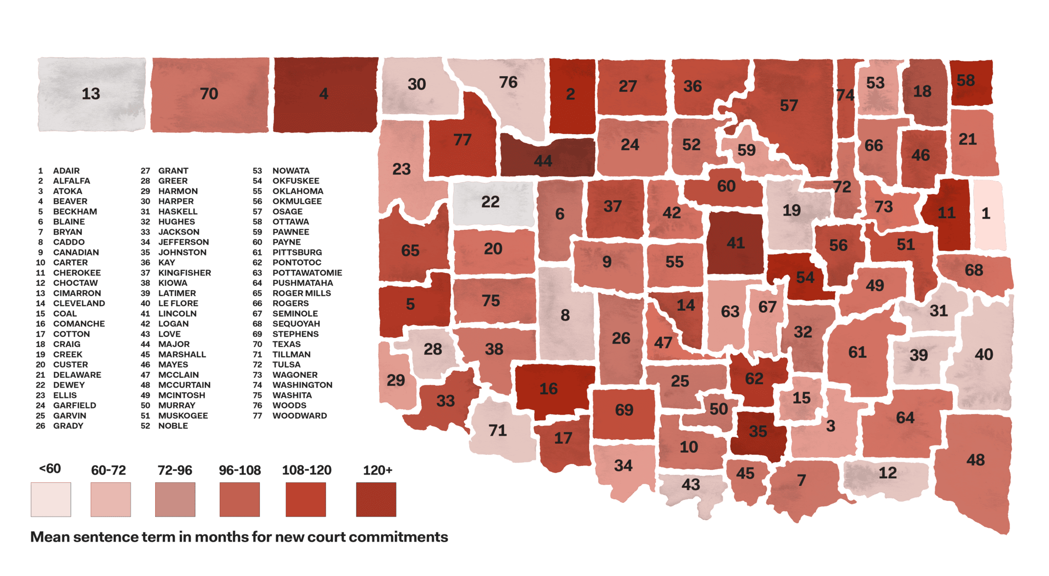 Map of Mean sentence length in months for new court commitments, FY 2021 by County