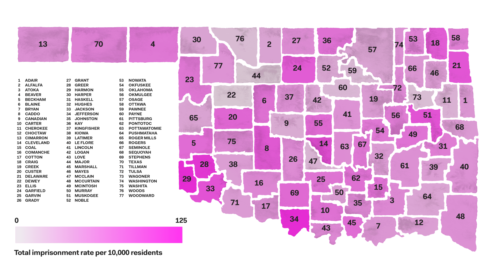 Map of Imprisonment rate per 10,000 residents, FY 2021 by County