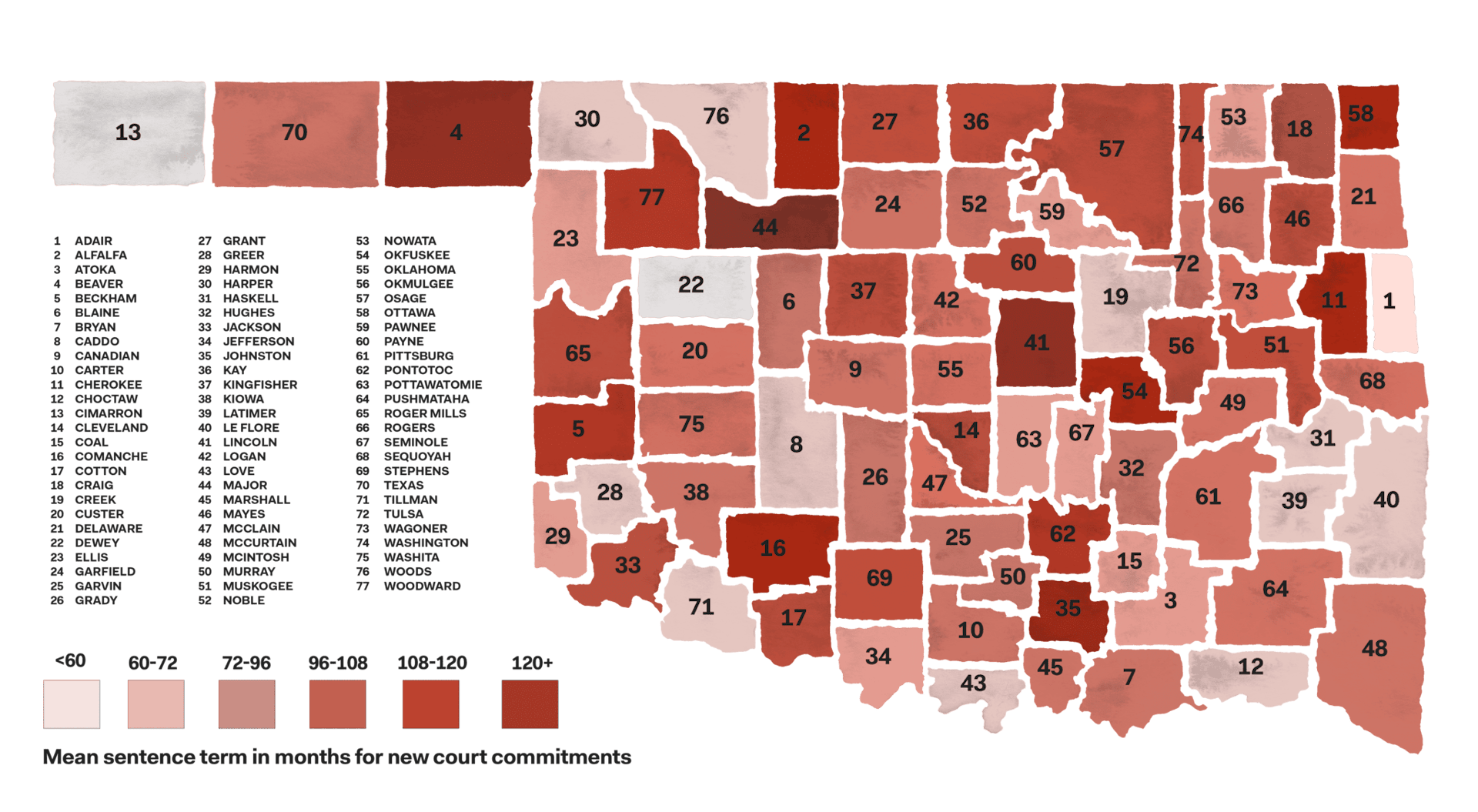 Map of Mean sentence length in months for new court commitments, FY 2021 by County